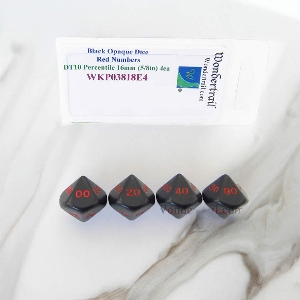 WKP03818E4 Black Opaque Dice Red Numbers DT10 16mm Pack of 4 (ONLINE ORDER ONLY)