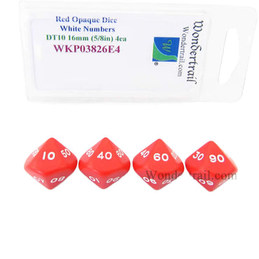 WKP03826E4 Red Opaque Dice White Numbers DT10 16mm Pack of 4 (ONLINE ORDER ONLY)