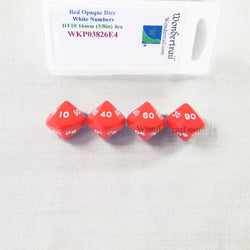 WKP03826E4 Red Opaque Dice White Numbers DT10 16mm Pack of 4 (ONLINE ORDER ONLY)