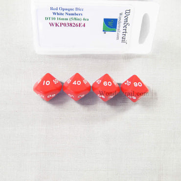 WKP03826E4 Red Opaque Dice White Numbers DT10 16mm Pack of 4 (ONLINE ORDER ONLY)