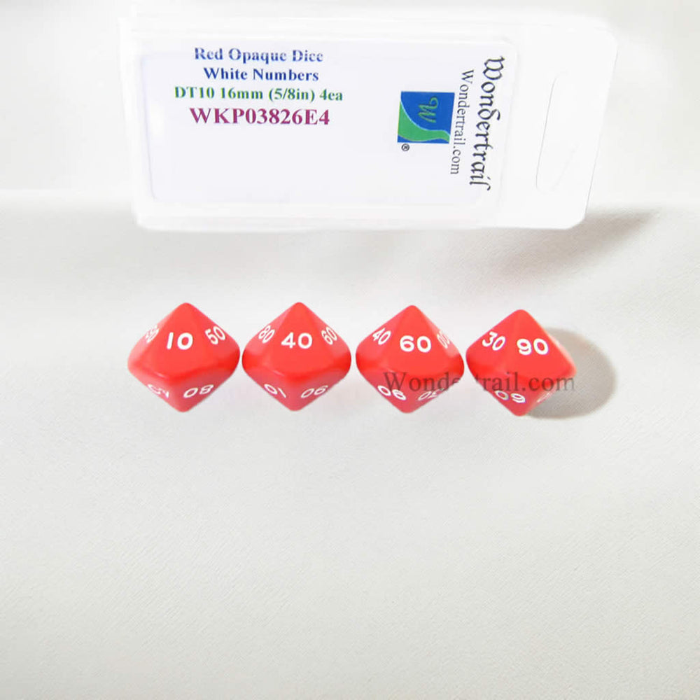 WKP03826E4 Red Opaque Dice White Numbers DT10 16mm Pack of 4 (ONLINE ORDER ONLY)