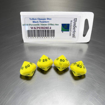 WKP03828E4 Yellow Opaque Dice Black Numbers DT10 16mm Pack of 4 (ONLINE ORDER ONLY)