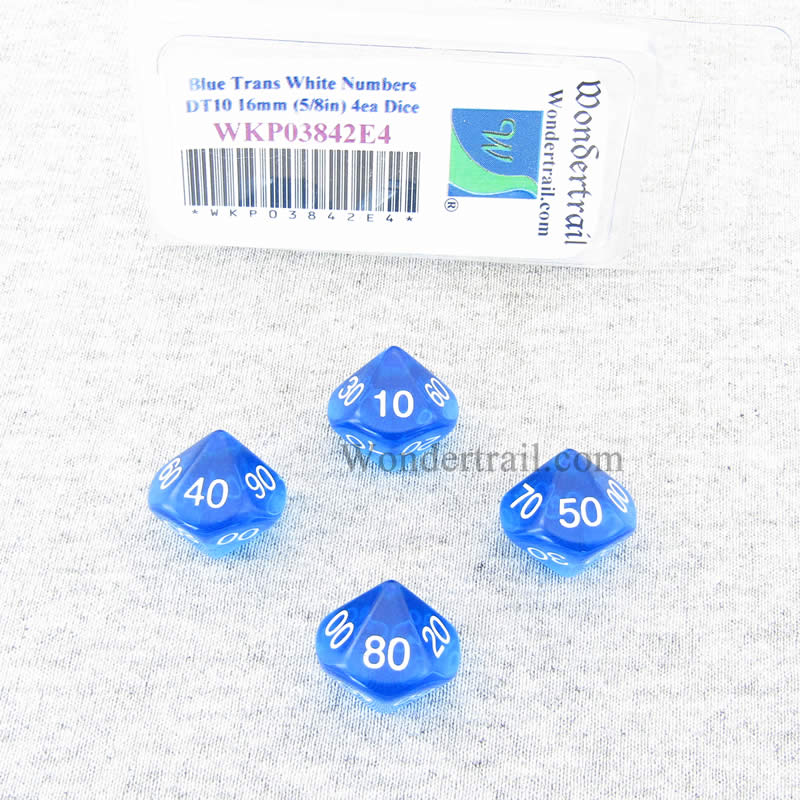 WKP03842E4 Blue Transparent Dice White Numbers DT10 16mm Pack of 4 (ONLINE ORDER ONLY)