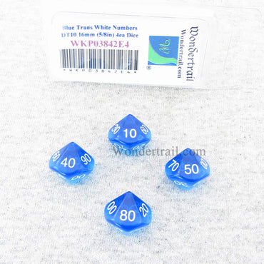 WKP03842E4 Blue Transparent Dice White Numbers DT10 16mm Pack of 4 (ONLINE ORDER ONLY)