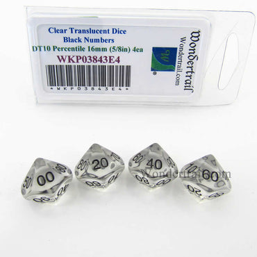 WKP03843E4 Clear Transparent Dice Black Numbers DT10 16mm Pack of 4 (ONLINE ORDER ONLY)