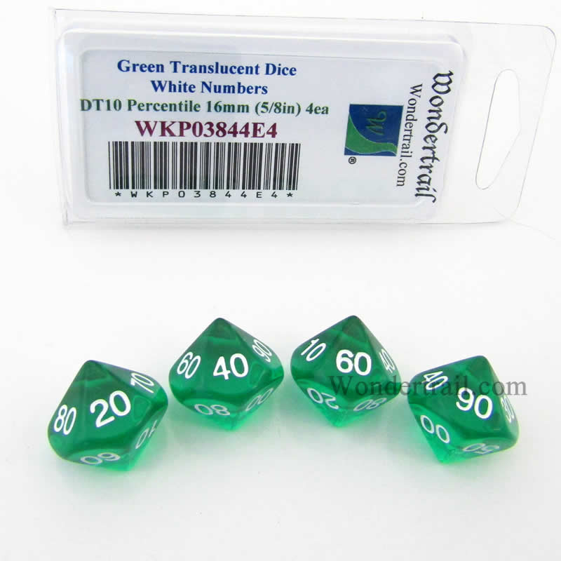 WKP03844E4 Green Transparent Dice White Numbers DT10 16mm Pack of 4 (ONLINE ORDER ONLY)