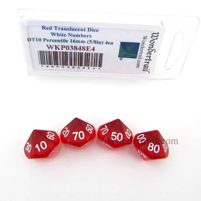 WKP03848E4 Red Transparent Dice White Numbers DT10 16mm Pack of 4 (ONLINE ORDER ONLY)