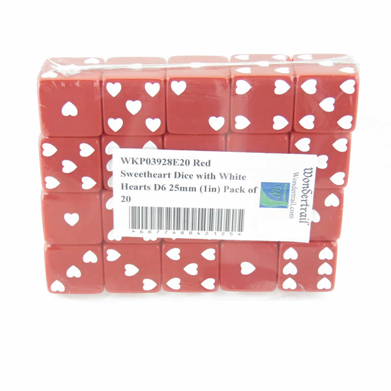 WKP03928E20 Red Sweetheart Dice with White Hearts D6 25mm (1in) Pack of 20 (ONLINE ORDER ONLY)