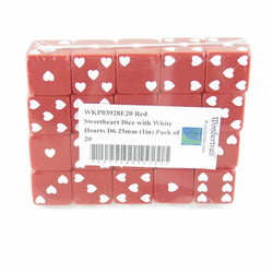WKP03928E20 Red Sweetheart Dice with White Hearts D6 25mm (1in) Pack of 20 (ONLINE ORDER ONLY)