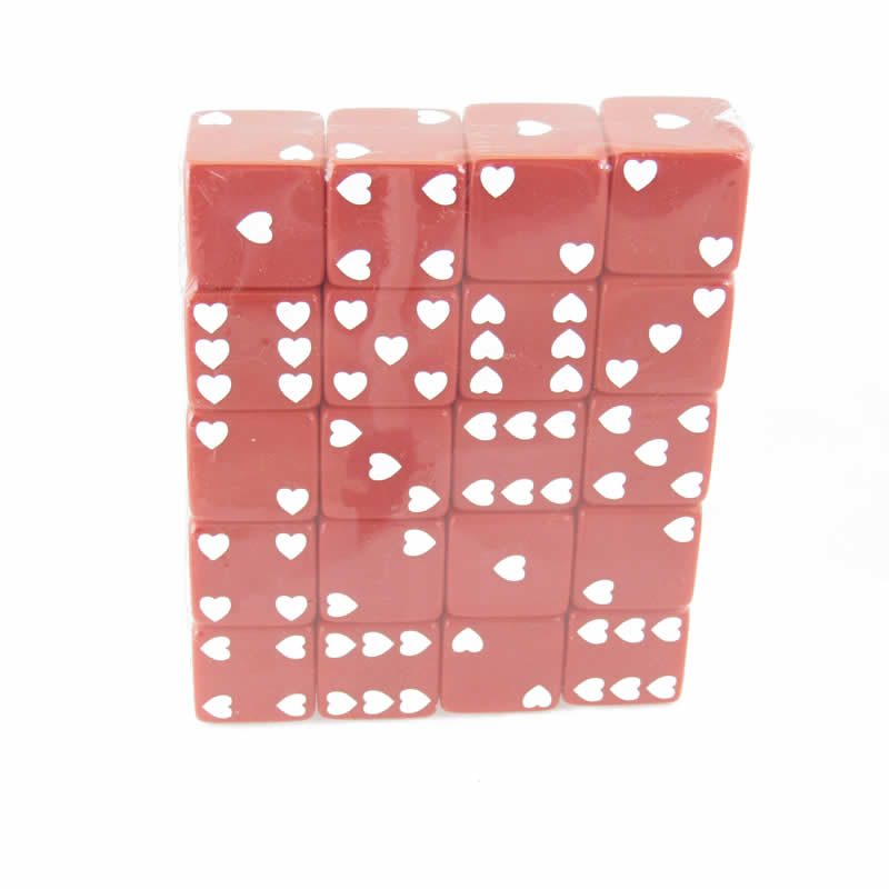 WKP03928E20 Red Sweetheart Dice with White Hearts D6 25mm (1in) Pack of 20 (ONLINE ORDER ONLY)