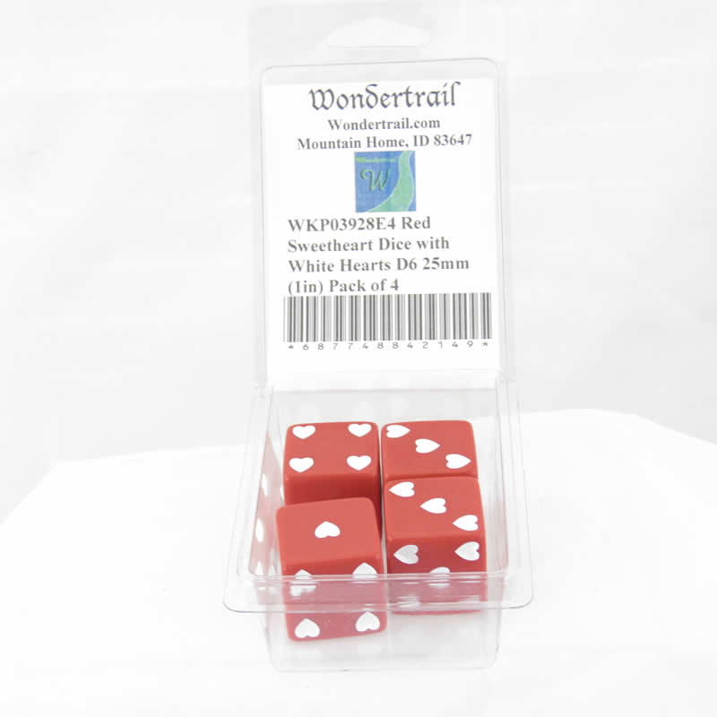 WKP03928E4 Red Sweetheart Dice with White Hearts D6 25mm (1in) Pack of 4 (ONLINE ORDER ONLY)