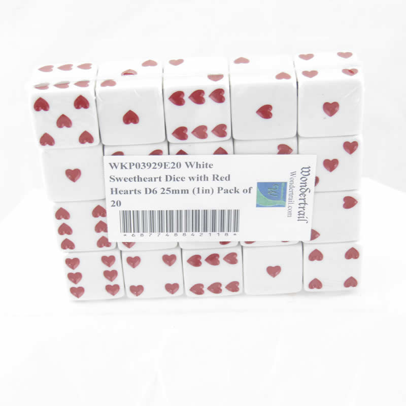 WKP03929E20 White Sweetheart Dice with Red Hearts D6 25mm (1in) Pack of 20 (ONLINE ORDER ONLY)