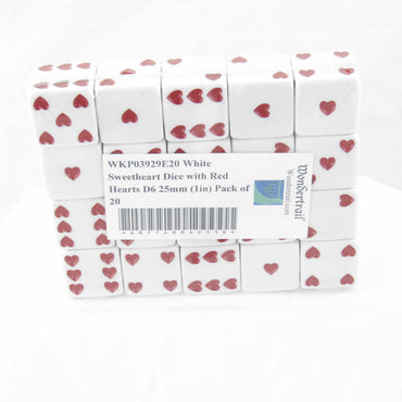 WKP03929E20 White Sweetheart Dice with Red Hearts D6 25mm (1in) Pack of 20 (ONLINE ORDER ONLY)
