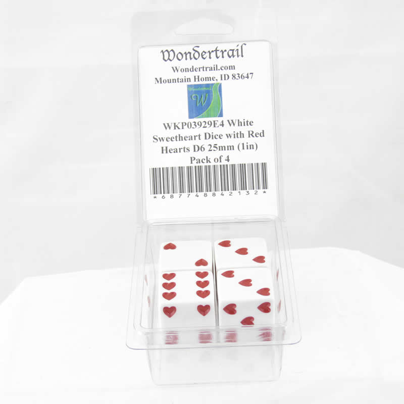 WKP03929E4 White Sweetheart Dice with Red Hearts D6 25mm (1in) Pack of 4 (ONLINE ORDER ONLY)