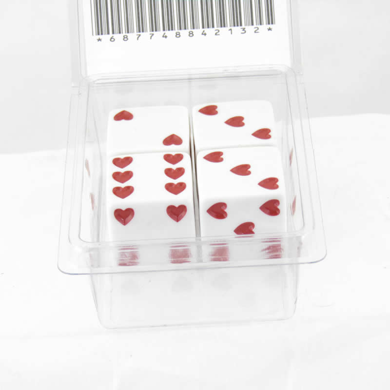 WKP03929E4 White Sweetheart Dice with Red Hearts D6 25mm (1in) Pack of 4 (ONLINE ORDER ONLY)
