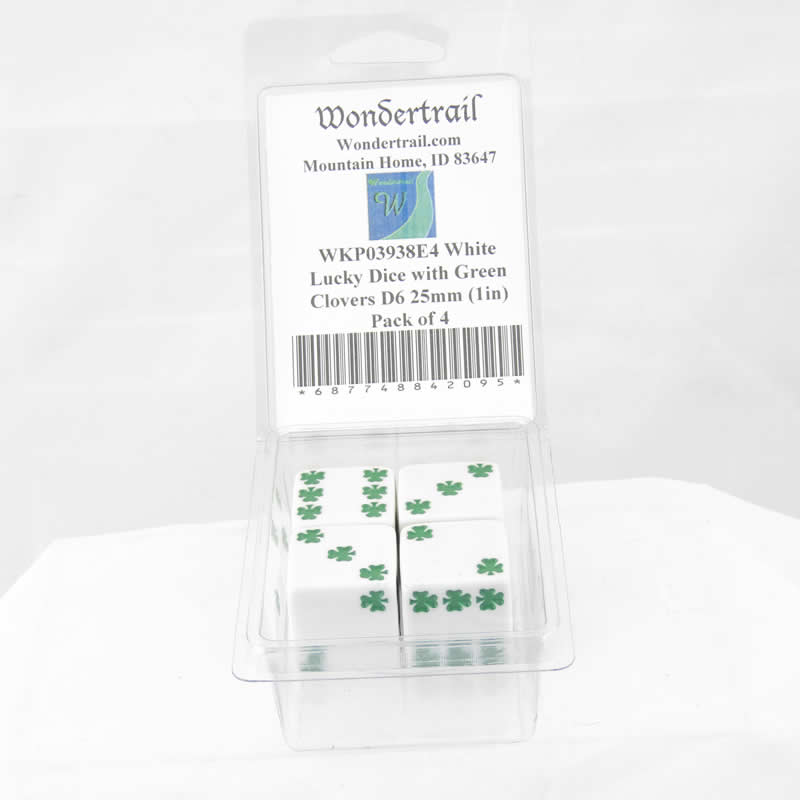 WKP03938E4 White Lucky Dice with Green Clovers D6 25mm (1in) Pack of 4 (ONLINE ORDER ONLY)