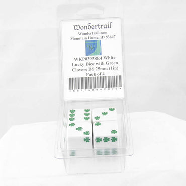 WKP03938E4 White Lucky Dice with Green Clovers D6 25mm (1in) Pack of 4 (ONLINE ORDER ONLY)