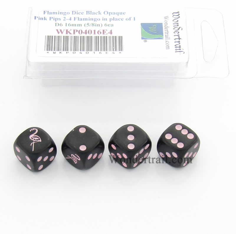 WKP04016E4 Flamingo Dice D6 Black Opaque Pink Pips 16mm Set of 4 (ONLINE ORDER ONLY)