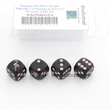 WKP04016E4 Flamingo Dice D6 Black Opaque Pink Pips 16mm Set of 4 (ONLINE ORDER ONLY)
