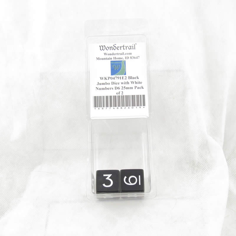 WKP04791E2 Black Jumbo Dice with White Numbers D6 25mm Pack of 2 (ONLINE ORDER ONLY)