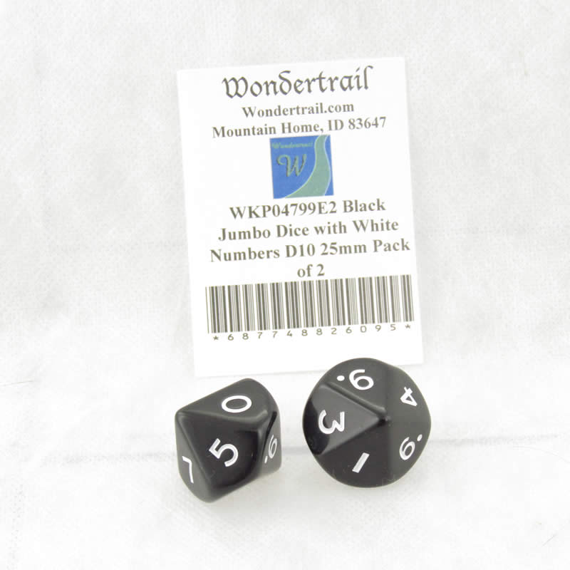WKP04799E2 Black Jumbo Dice with White Numbers D10 25mm Pack of 2 (ONLINE ORDER ONLY)