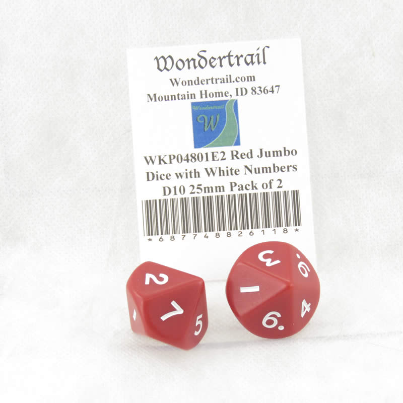WKP04801E2 Red Jumbo Dice with White Numbers D10 25mm Pack of 2 (ONLINE ORDER ONLY)