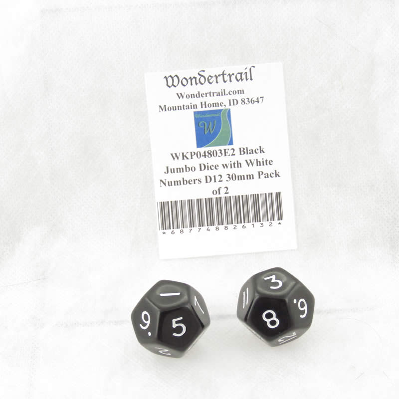 WKP04803E2 Black Jumbo Dice with White Numbers D12 30mm Pack of 2 (ONLINE ORDER ONLY)