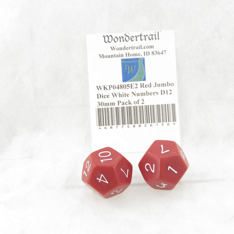 WKP04805E2 Red Jumbo Dice White Numbers D12 30mm Pack of 2 (ONLINE ORDER ONLY)