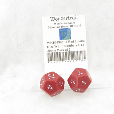 WKP04805E2 Red Jumbo Dice White Numbers D12 30mm Pack of 2 (ONLINE ORDER ONLY)