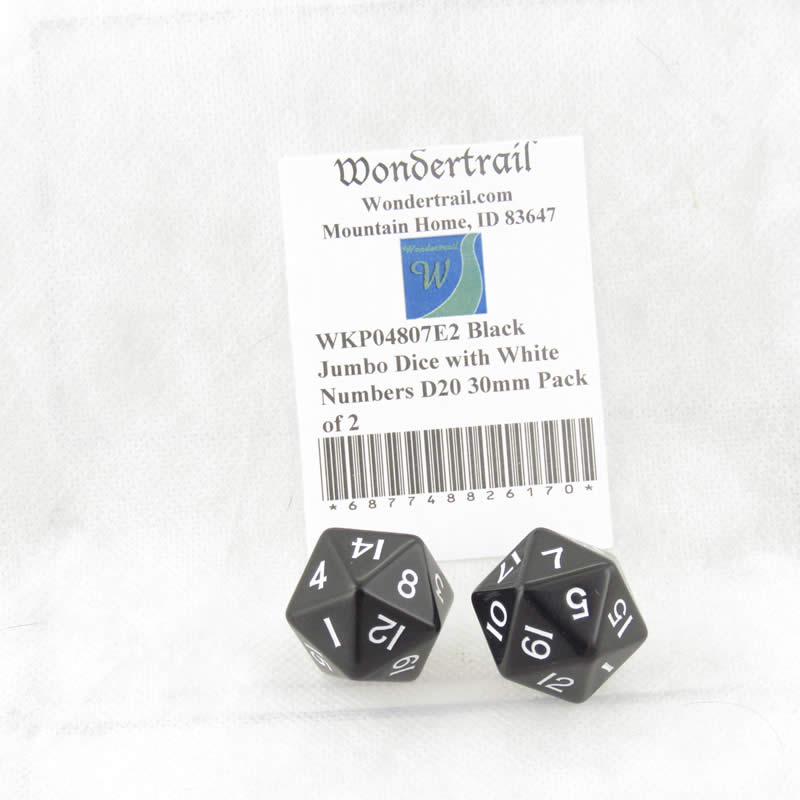 WKP04807E2 Black Jumbo Dice with White Numbers D20 30mm Pack of 2 (ONLINE ORDER ONLY)