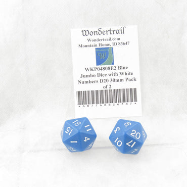 WKP04808E2 Blue Jumbo Dice with White Numbers D20 30mm Pack of 2 (ONLINE ORDER ONLY)
