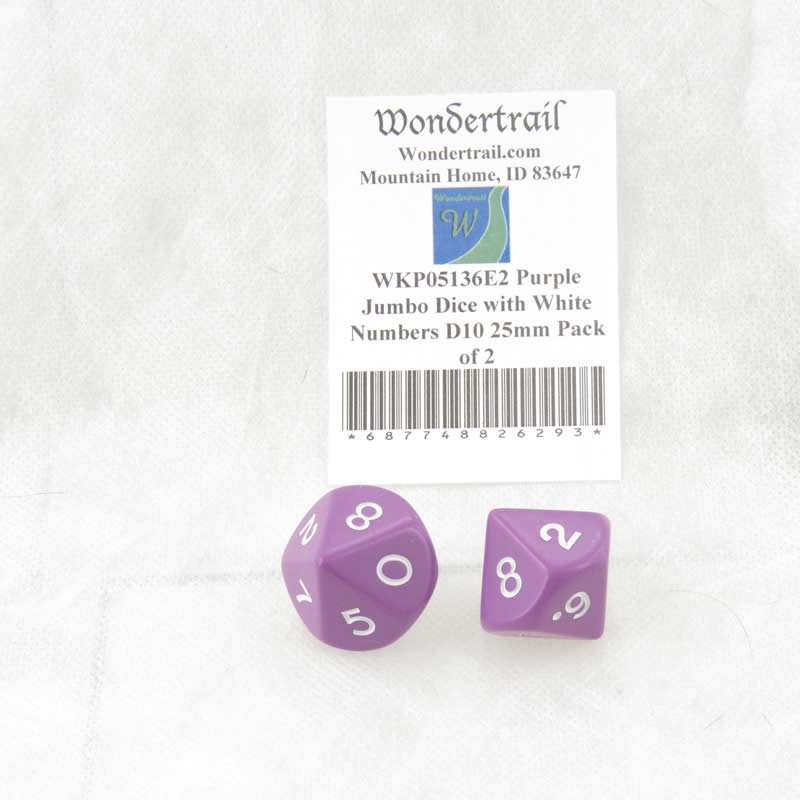 WKP05136E2 Purple Jumbo Dice with White Numbers D10 25mm Pack of 2 (ONLINE ORDER ONLY)