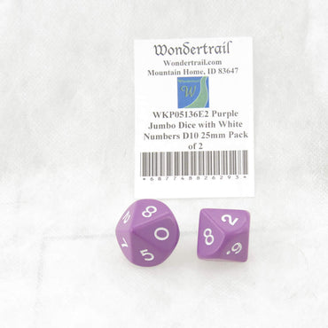 WKP05136E2 Purple Jumbo Dice with White Numbers D10 25mm Pack of 2 (ONLINE ORDER ONLY)