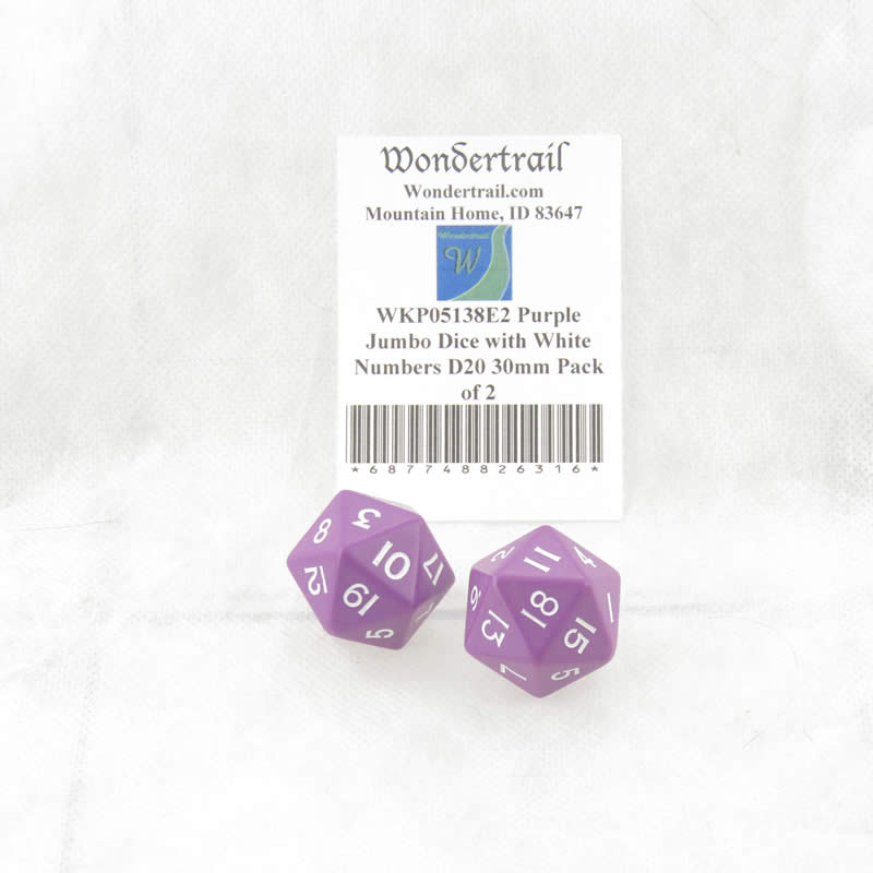 WKP05138E2 Purple Jumbo Dice with White Numbers D20 30mm Pack of 2 (ONLINE ORDER ONLY)