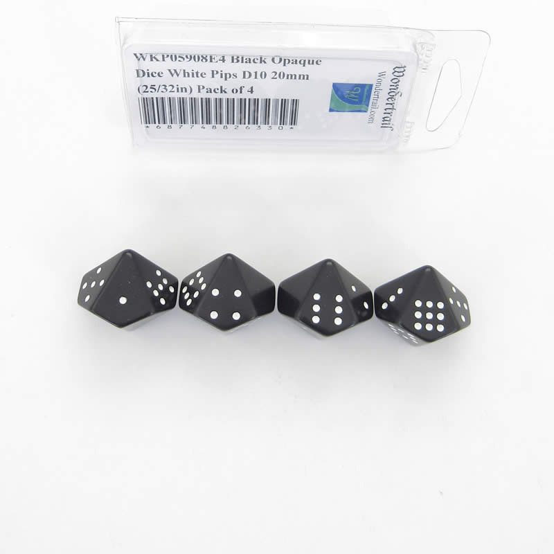 WKP05908E4 Black Opaque Dice White Pips D10 20mm (25/32in) Pack of 4 (ONLINE ORDER ONLY)