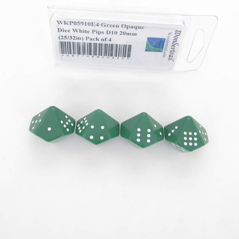 WKP05910E4 Green Opaque Dice White Pips D10 20mm (25/32in) Pack of 4 (ONLINE ORDER ONLY)