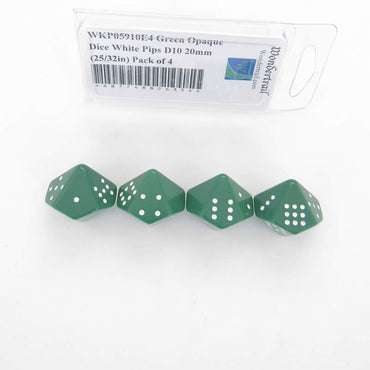 WKP05910E4 Green Opaque Dice White Pips D10 20mm (25/32in) Pack of 4 (ONLINE ORDER ONLY)