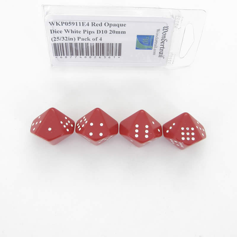 WKP05911E4 Red Opaque Dice White Pips D10 20mm (25/32in) Pack of 4 (ONLINE ORDER ONLY)