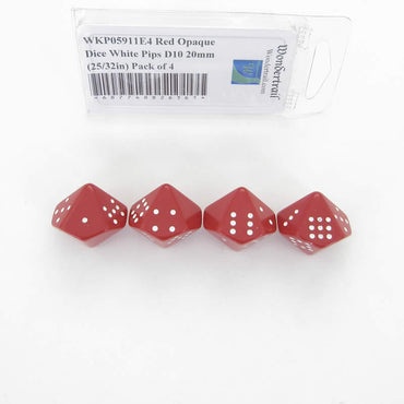 WKP05911E4 Red Opaque Dice White Pips D10 20mm (25/32in) Pack of 4 (ONLINE ORDER ONLY)