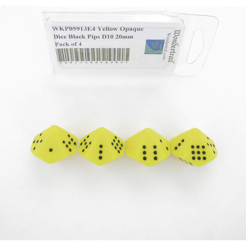 WKP05913E4 Yellow Opaque Dice Black Pips D10 20mm Pack of 4 (ONLINE ORDER ONLY)