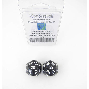 WKP06006E2 Black Opaque Dice White Numbers D30 30mm Pack of 2 (ONLINE ORDER ONLY)