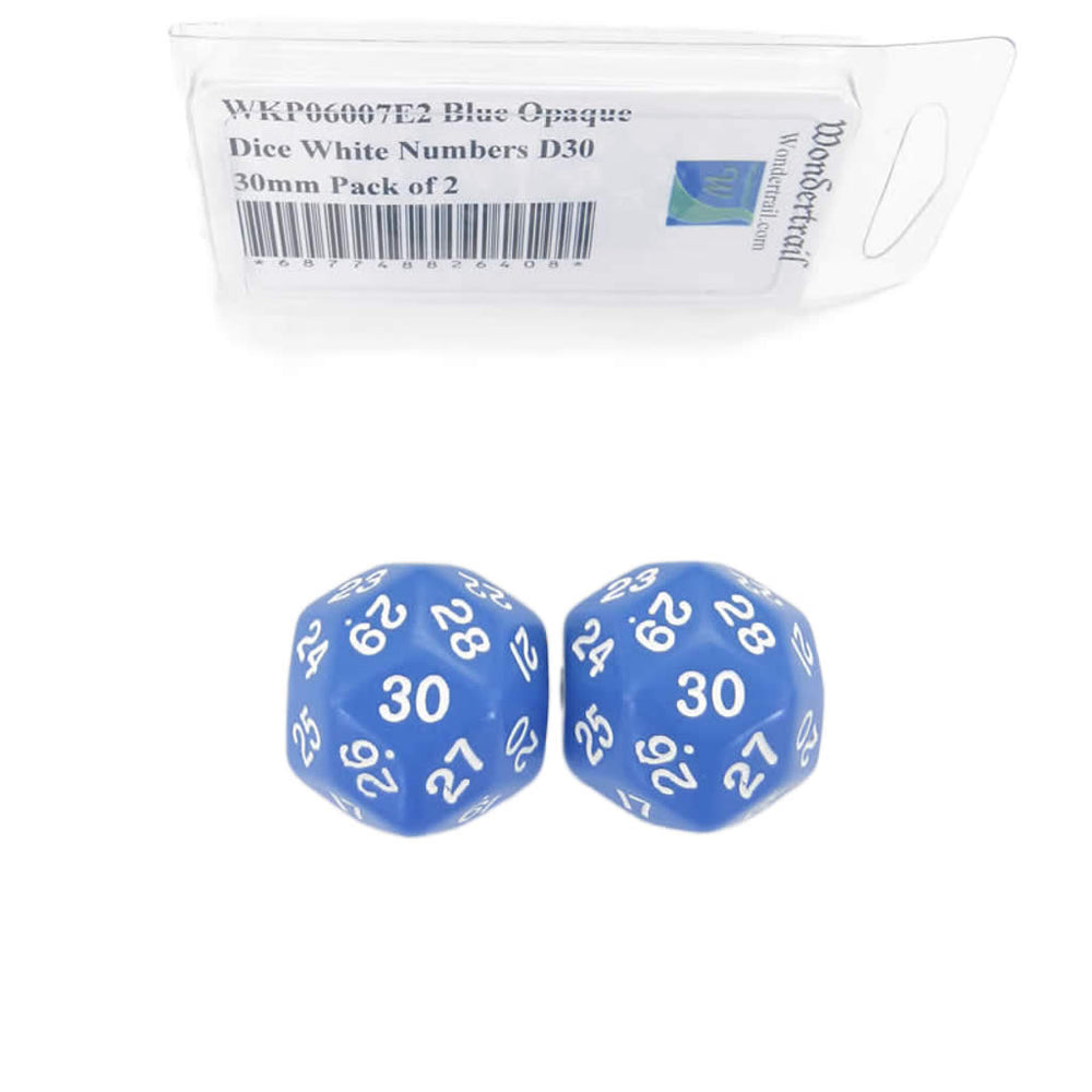 WKP06007E2 Blue Opaque Dice with White Numbers D30 30mm (1.18in) Pack of 2 Dice (ONLINE ORDER ONLY)