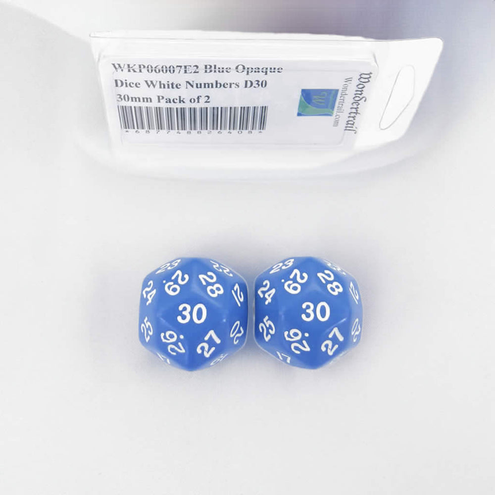 WKP06007E2 Blue Opaque Dice with White Numbers D30 30mm (1.18in) Pack of 2 Dice (ONLINE ORDER ONLY)