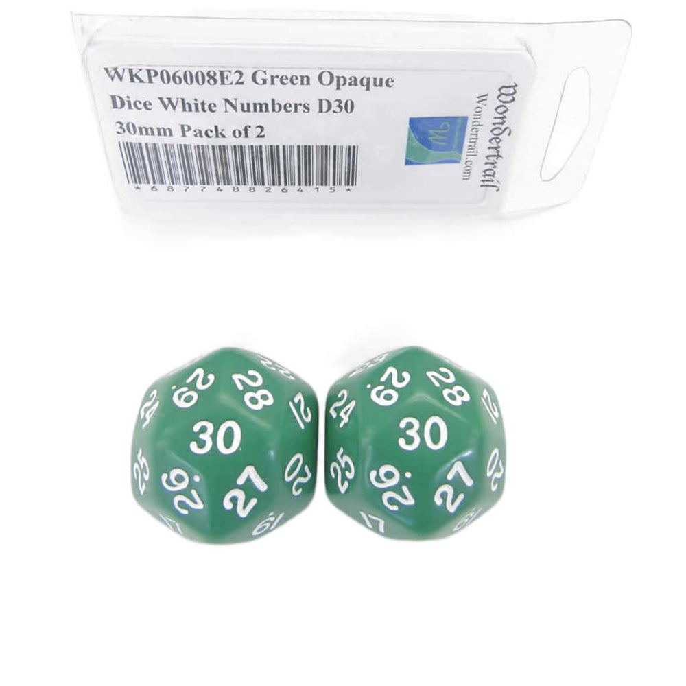 WKP06008E2 Green Opaque Dice White Numbers D30 30mm Pack of 2 (ONLINE ORDER ONLY)
