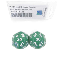 WKP06008E2 Green Opaque Dice White Numbers D30 30mm Pack of 2 (ONLINE ORDER ONLY)