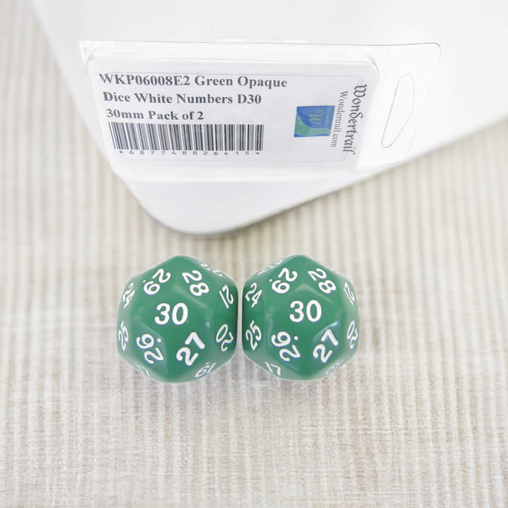 WKP06008E2 Green Opaque Dice White Numbers D30 30mm Pack of 2 (ONLINE ORDER ONLY)