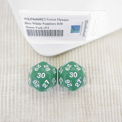 WKP06008E2 Green Opaque Dice White Numbers D30 30mm Pack of 2 (ONLINE ORDER ONLY)
