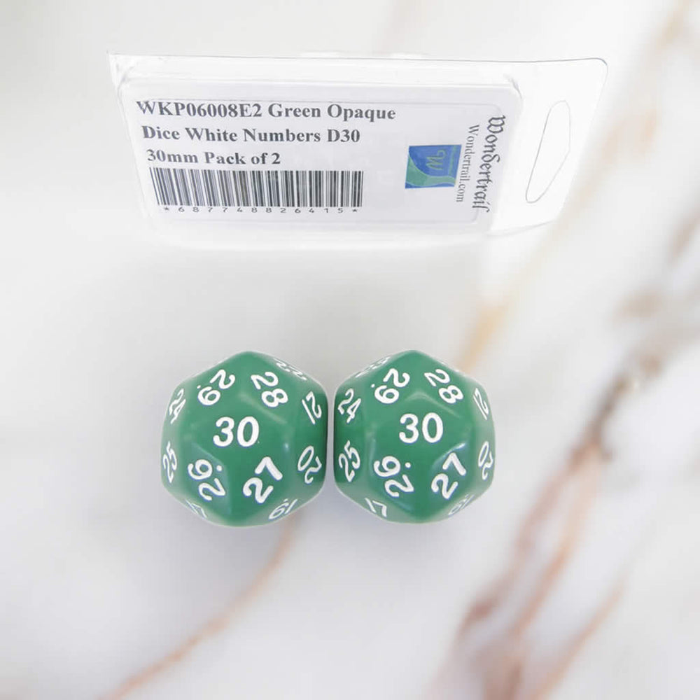 WKP06008E2 Green Opaque Dice White Numbers D30 30mm Pack of 2 (ONLINE ORDER ONLY)