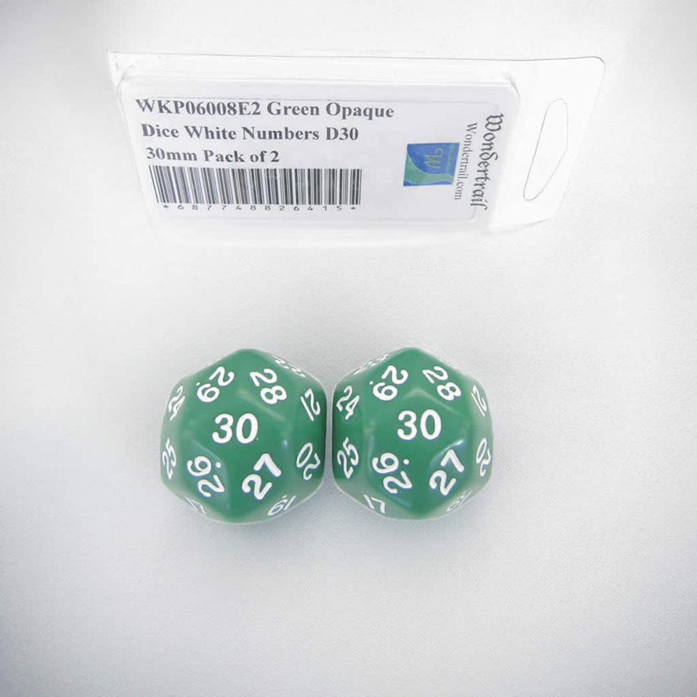 WKP06008E2 Green Opaque Dice White Numbers D30 30mm Pack of 2 (ONLINE ORDER ONLY)