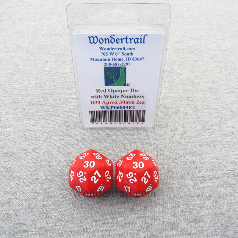 WKP06009E2 Red Opaque Dice White Numbers D30 30mm Pack of 2 (ONLINE ORDER ONLY)